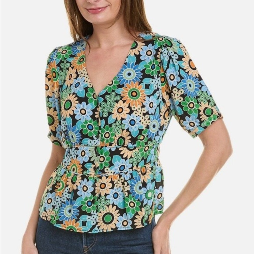 Cabi Happy Peplum Blouse V-Neck Short Sleeve Blue Green Orange M
